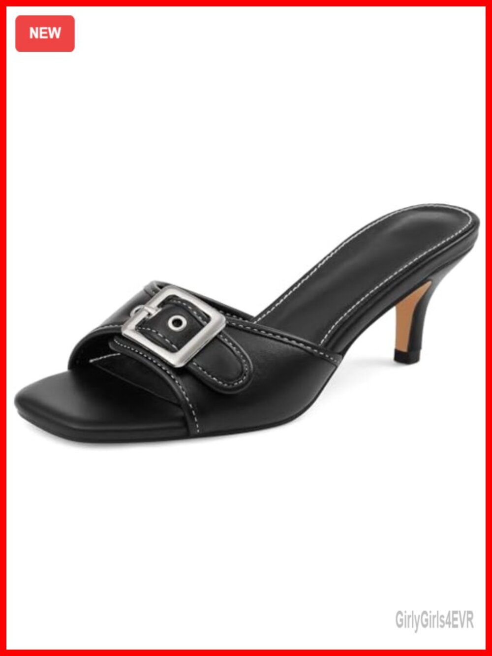 Kitten Heel Square Open Toe Slip On Mule Sandals Faux Leather
